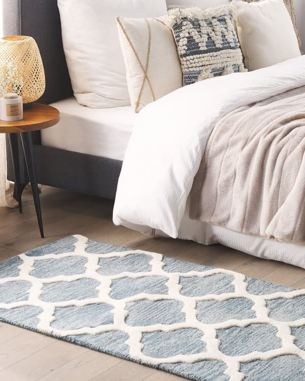Matta Blå Ull 80 x 150 cm Trellis Quatrefoil Mönster Handtuftad Orientalisk Marockansk Klöver