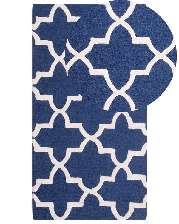 Matta Blå Ull 80 x 150 cm Trellis Quatrefoil Mönster Handtuftad Orientalisk Marockansk Klöver