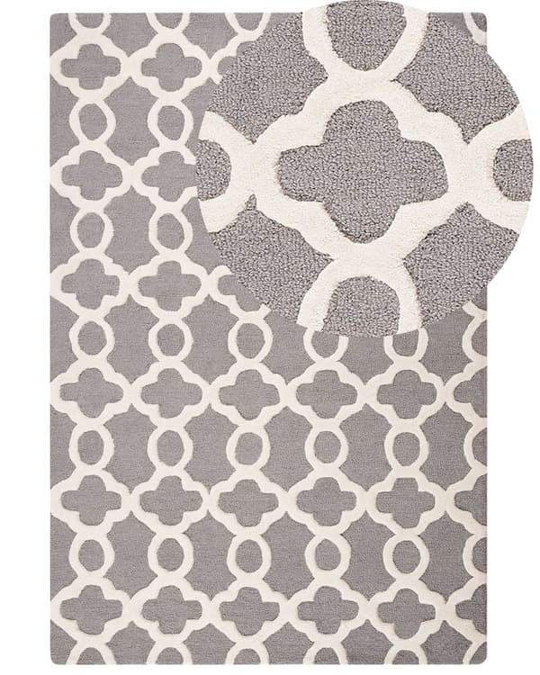 Matta Grå Ull 140 x 200 cm Trellis Quatrefoil Mönster Handtuftad Orientalisk Marockansk Klöver