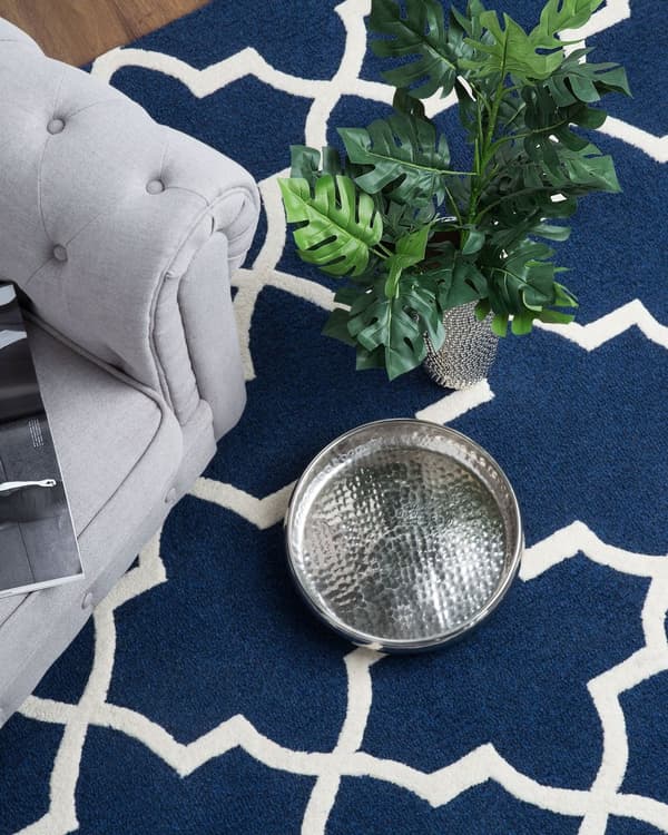 Matta Blå Ull 140 x 200 cm Trellis Quatrefoil Mönster Handtuftad Orientalisk Marockansk Klöver