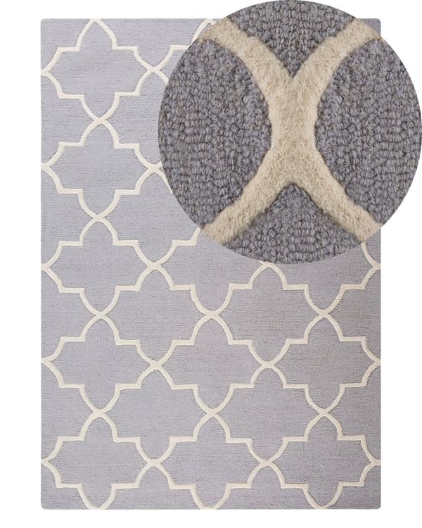 Matta Grå Ull 140 x 200 cm Trellis Quatrefoil Mönster Handtuftad Orientalisk Marockansk Klöver