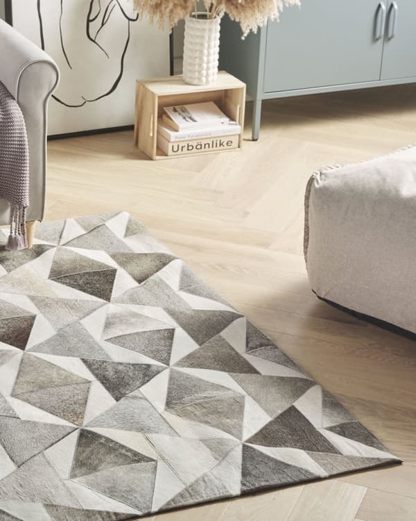 Matta Grå Läder 140 x 200 cm Lappmönster Koskinn Geometrisk Rektangulär Modern