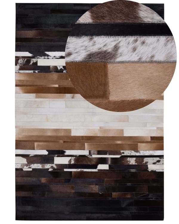 Matta Svart och Beige Läder 140 x 200 cm Rektangulär Lappmönster Handgjord
