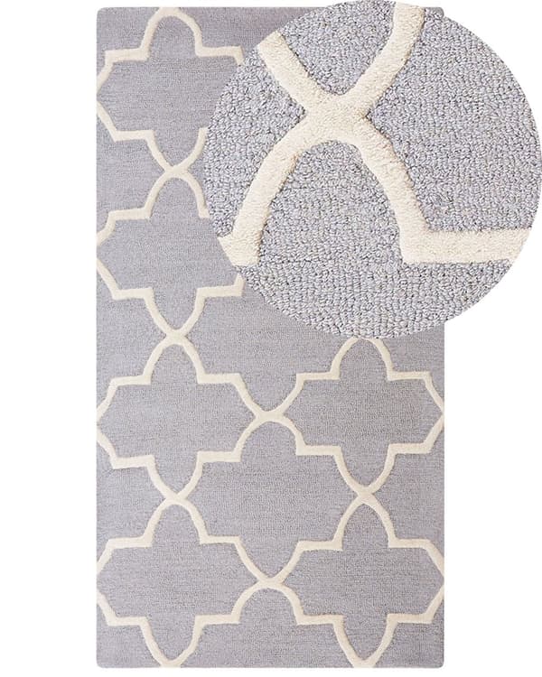 Matta Grå Ull 80 x 150 cm Trellis Quatrefoil Mönster Handtuftad Orientalisk Marockansk Klöver