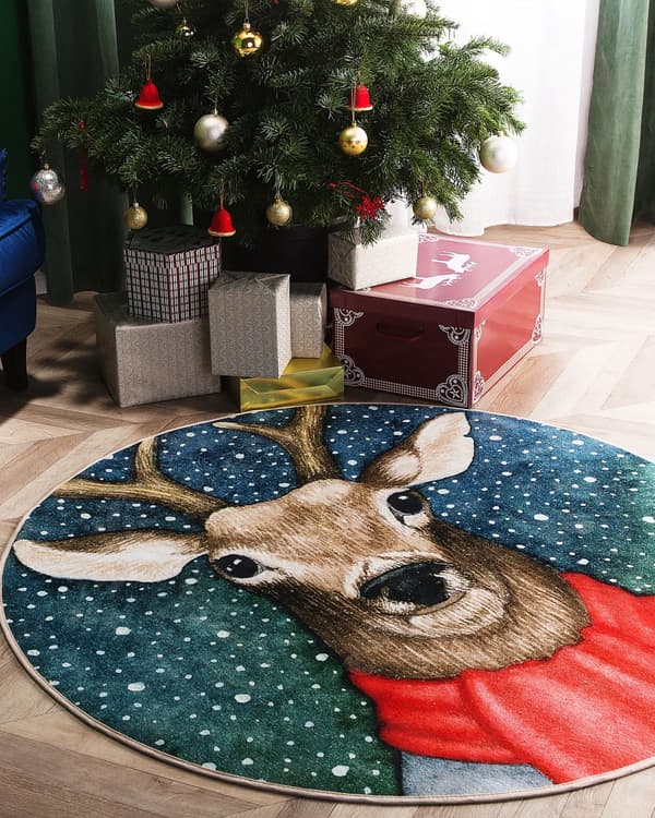 Matto monivärinen 140 x 140 cm polyesteri poron kuvalla jouluinen pyöreä moderni