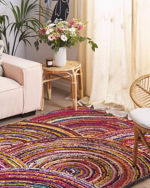Kludetæppe Flerfarvet Rød Nuance i Polyester og Bomuld 160 x 230 cm Rektangulært Abstrakt Mønster Håndvævet Boho dekoration