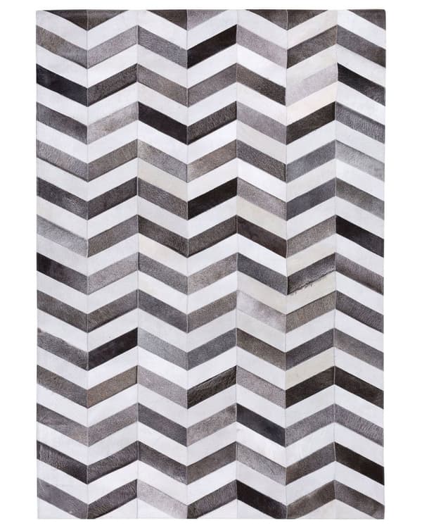 Gulvtæppe Brun/grå Læder Filt 140 x 200 cm Rektangulær Chevron Zig Zag Ko Skind Mønster Soveværelse Stue Entré Boho Retro Indretning Tilbehør