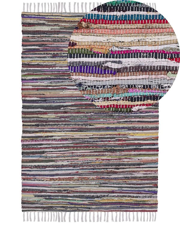 Gulvtæppe Flerfarvet Bomuld og Polyester 160 x 230 cm Håndvævet Hippie Kludetæppe med Dekorative Frynser Boho stil til Stuen Soveværelse Dekor
