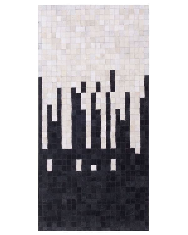 Gulvtæppe Sort Hvid Læder 80 x150 cm Rektangulært Korthåret Patchwork Koskind Stribet Mønster Stue Soveværelse Indretning under Sofabord