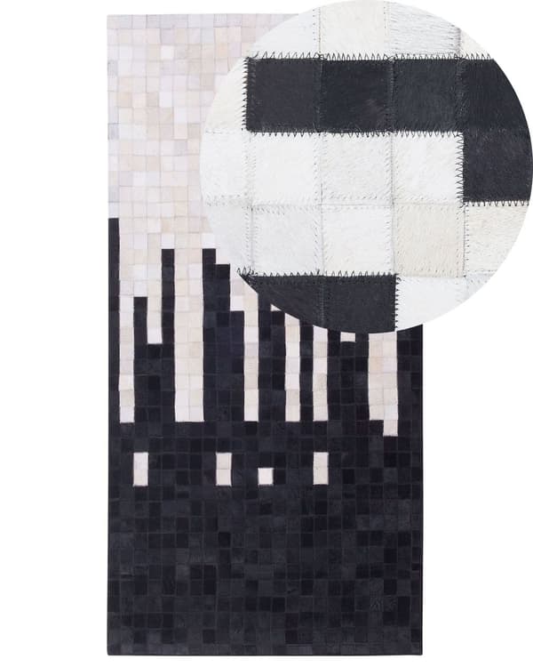 Gulvtæppe Sort Hvid Læder 80 x150 cm Rektangulært Korthåret Patchwork Koskind Stribet Mønster Stue Soveværelse Indretning under Sofabord