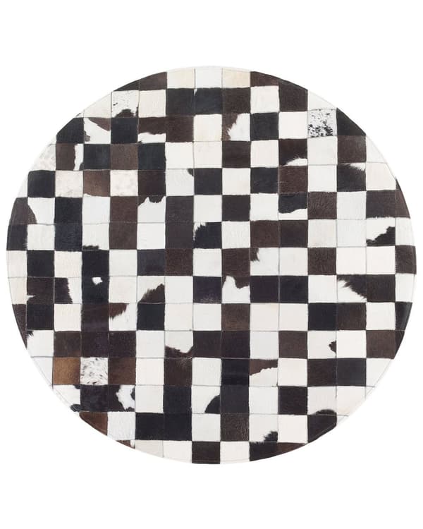 Rundt tæppe Sort og Hvidt Koskind med filt ø 140 cm Patchwork Håndlavet i Pixeleret Effekt Dekoration Perfekt til Stue og Værelsesindretninger