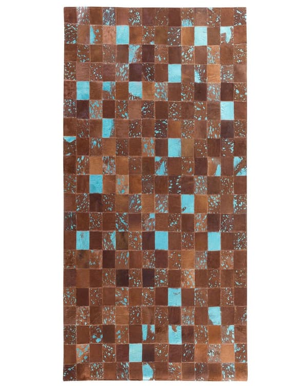 Gulvtæppe Brun Flerfarvet Læder Filt 80 x 150 cm Blødt Patchwork Ternet Koskind Soveværelse Stue Entré Moderne Spisebord Indretning Tilbehør