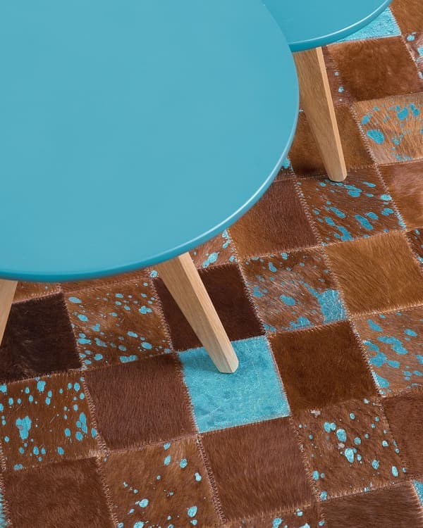 Gulvtæppe Brun Flerfarvet Læder Filt 80 x 150 cm Blødt Patchwork Ternet Koskind Soveværelse Stue Entré Moderne Spisebord Indretning Tilbehør