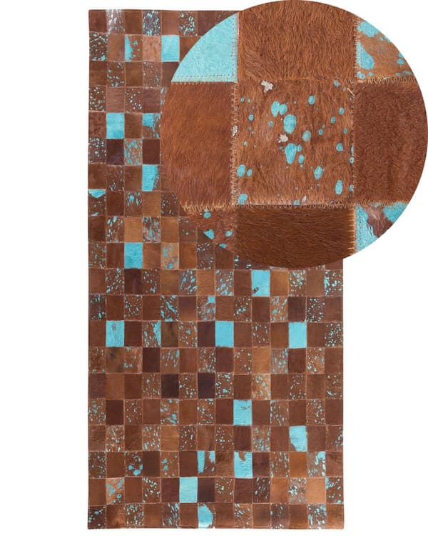Gulvtæppe Brun Flerfarvet Læder Filt 80 x 150 cm Blødt Patchwork Ternet Koskind Soveværelse Stue Entré Moderne Spisebord Indretning Tilbehør