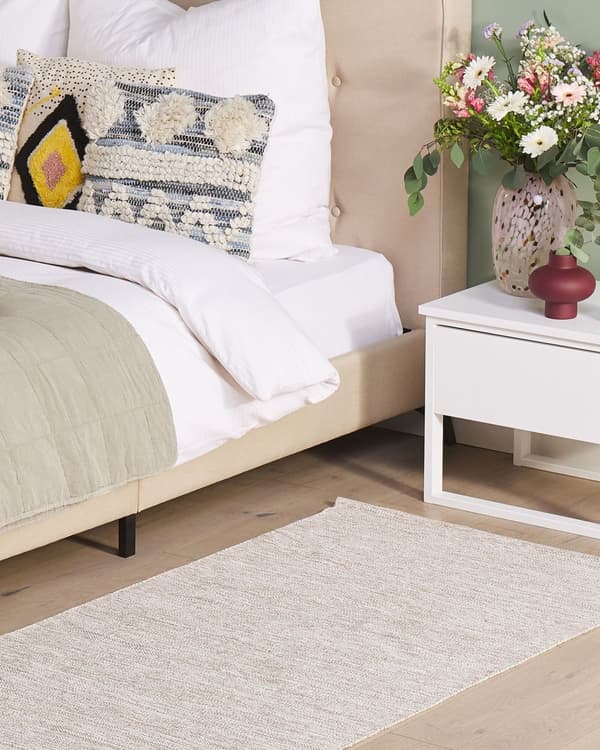 Gulvtæppe Beige Bomuld 80 x 150 cm Fladvævet Løs Tæppe til Børneværelse Stue Entré til Pige Værelset Minimalistisk under Sofabord Køkken Dekor