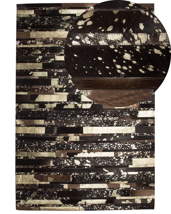 Gulvtæppe Brun Læder og Filt 160 x 230 cm Rektangulær Patchwork Koskind Stribet Mønster Soveværelse Stue Entré Boho Retro Indretning Tilbehør