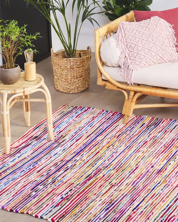 Gulvtæppe Flerfarvet Bomuld Polyester 160 x 230 cm Håndvævet Abstrakt Stribet Kludetæppe Mønster boho stil Stuen Soveværelset Indretning Retro