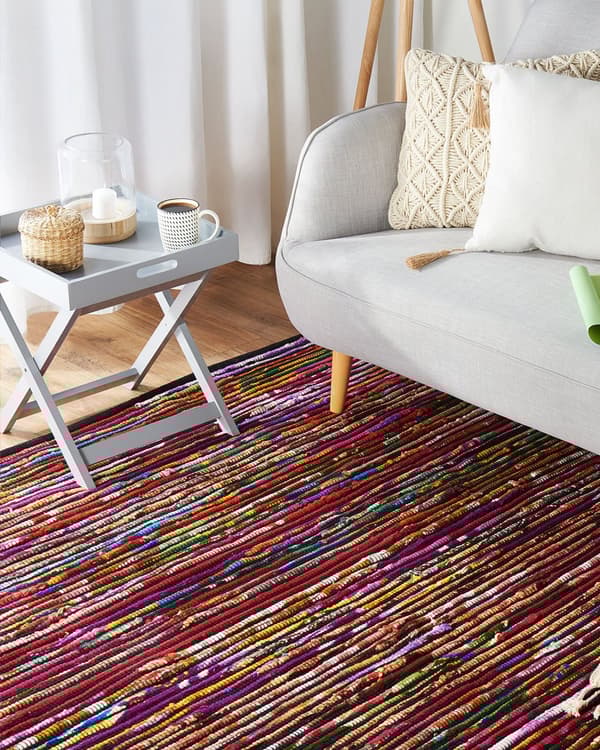 Gulvtæppe Flerfarvet Bomuld Polyester 140 x 200 cm Håndvævet Abstrakt Stribet Kludetæppe Mønster boho stil Stuen Soveværelset Indretning Retro