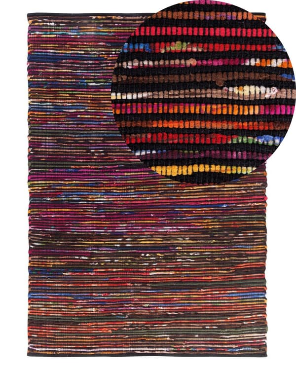 Gulvtæppe Flerfarvet Bomuld Polyester 140 x 200 cm Håndvævet Abstrakt Stribet Kludetæppe Mønster boho stil Stuen Soveværelset Indretning Retro