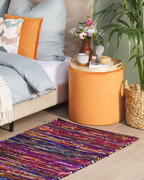 Gulvtæppe Flerfarvet Bomuld Polyester 80 x 150 cm Håndvævet Abstrakt Stribet Kludetæppe Mønster boho stil Stuen Soveværelset Indretning Retro
