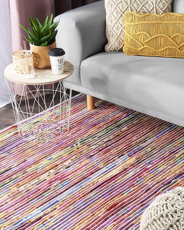 Gulvtæppe Flerfarvet Bomuld Polyester 140 x 200 cm Håndvævet Abstrakt Stribet Kludetæppe Mønster boho stil Stuen Soveværelset Indretning Retro