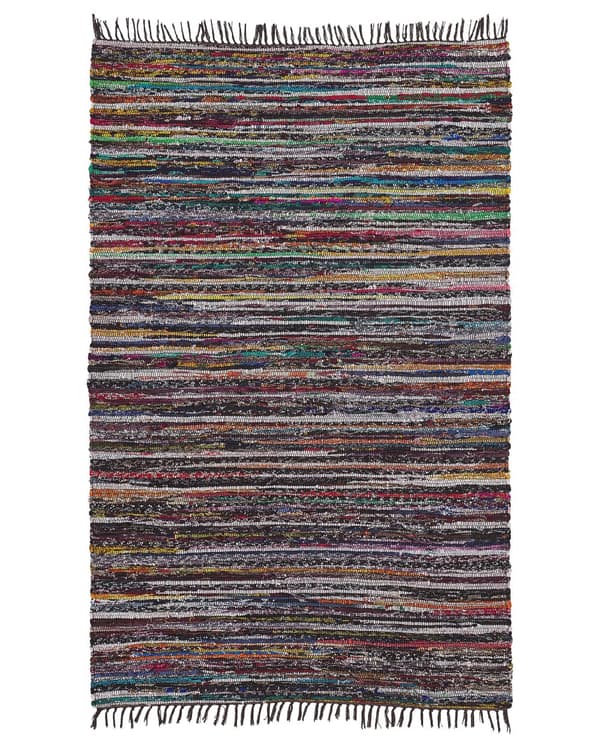 Gulvtæppe Flerfarvet Bomuld og Polyester 140x200 cm Håndvævet Hippie Kludetæppe med Dekorative Frynser Boho stil til Stuen Soveværelse Dekor