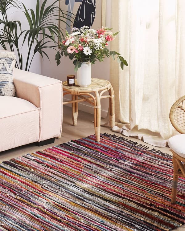 Gulvtæppe Flerfarvet Bomuld og Polyester 140x200 cm Håndvævet Hippie Kludetæppe med Dekorative Frynser Boho stil til Stuen Soveværelse Dekor