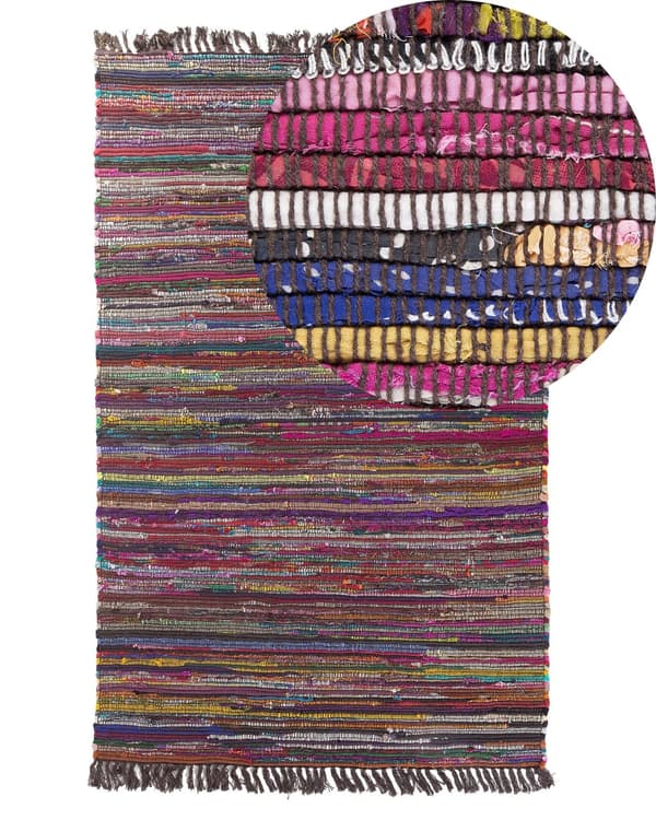 Gulvtæppe Flerfarvet Bomuld og Polyester 140x200 cm Håndvævet Hippie Kludetæppe med Dekorative Frynser Boho stil til Stuen Soveværelse Dekor