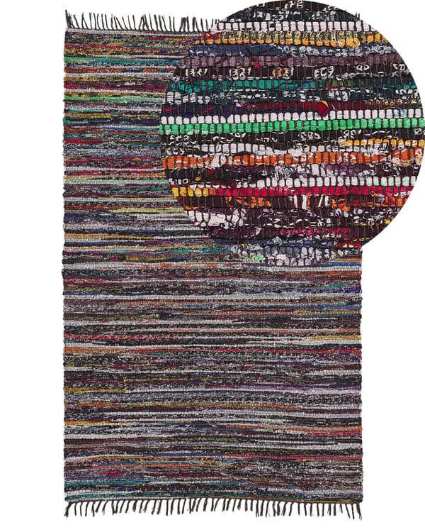 Gulvtæppe Flerfarvet Bomuld og Polyester 140x200 cm Håndvævet Hippie Kludetæppe med Dekorative Frynser Boho stil til Stuen Soveværelse Dekor
