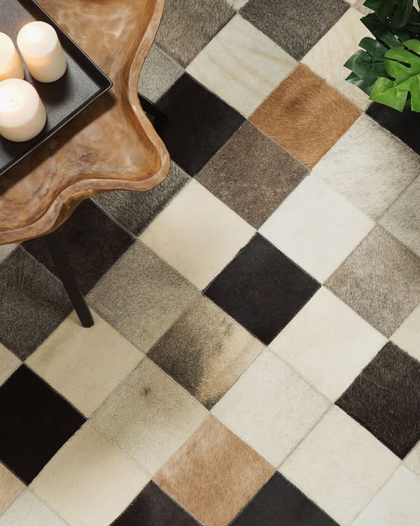 Brunt og beige læder tæppe 160x230 cm geometrisk mønster patchwork håndvævet til stue soveværelse moderne rustik stil