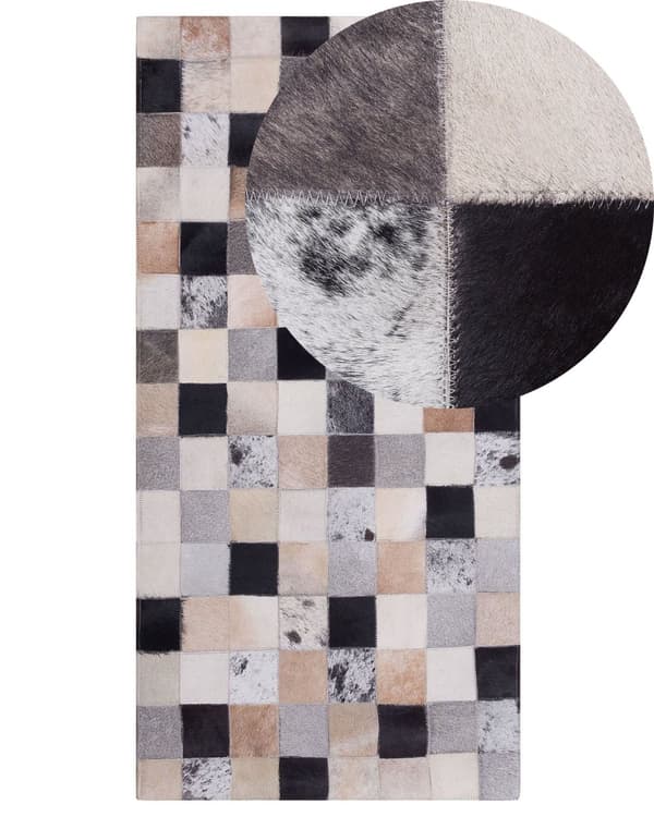 Gulvtæppe Sort Brun Grå Læder Filt 80 x 150 cm Moderne Lædertæppe Patchwork Ternet Mønster Koskind Håndvævet til Stue Soveværelse Moderne