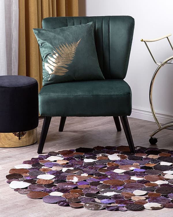 Tæppe brunt og lilla ø 140 cm rundt læder patchwork bobler cirkler sove stue korthår