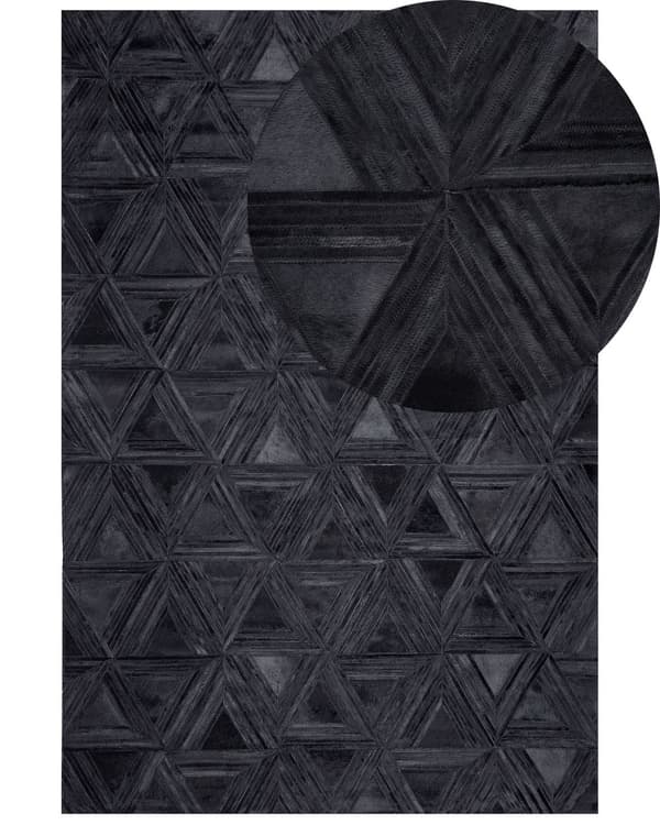 Gulvtæppe Sort Læder og Filt 160 x 230 cm Dekorativ Fladvævet Mønstret Lædertæppe Koskind Håndlavet Moderne til under Sofabord og Spisebord
