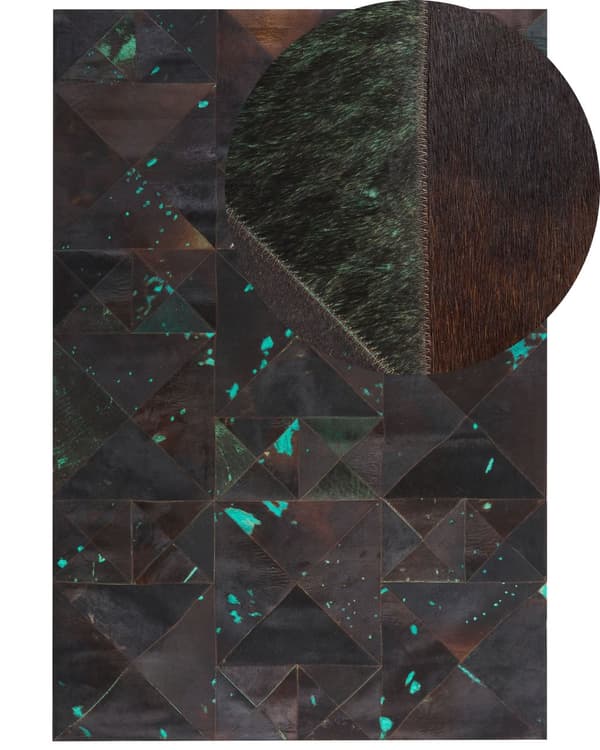 Matta Brun och Blå Koskinn Läder 230 x 160 cm Abstrakt Handgjord Kort lugg Modern