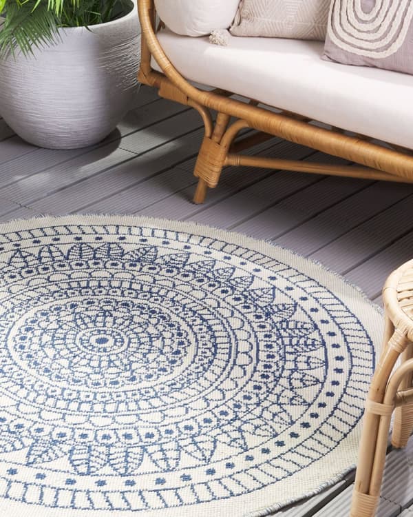 Inomhus Utomhus Matta Rund 140 cm av Syntetiskt Material i Blå och Beige Färg
