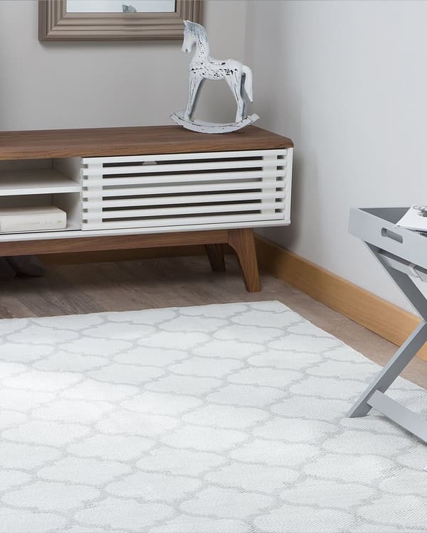 Gulvtæppe Grå og Hvid Polyester 160 x 230 cm Rektangulær Håndvævet Marokkansk Espalier Firkløver Indendørs Udendørs Oriental Indretning