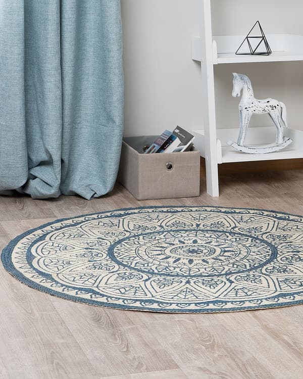 Matto beige sininen juutti ⌀ 120 cm pyöreä itämainen kuvio käsintehty boho tyyli