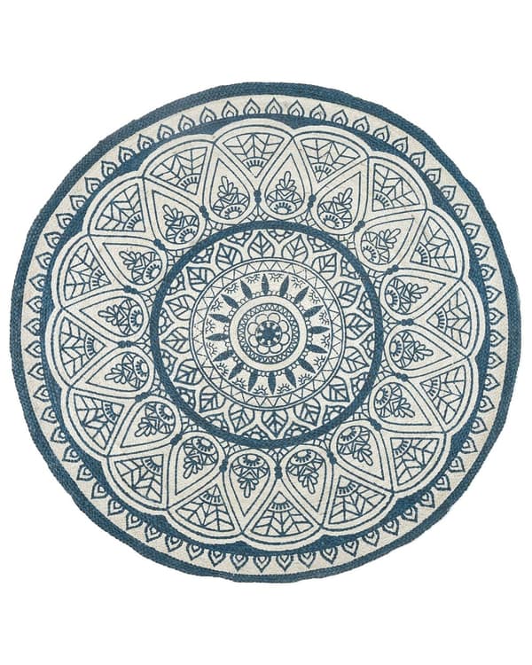 Matto beige sininen juutti ⌀ 120 cm pyöreä itämainen kuvio käsintehty boho tyyli