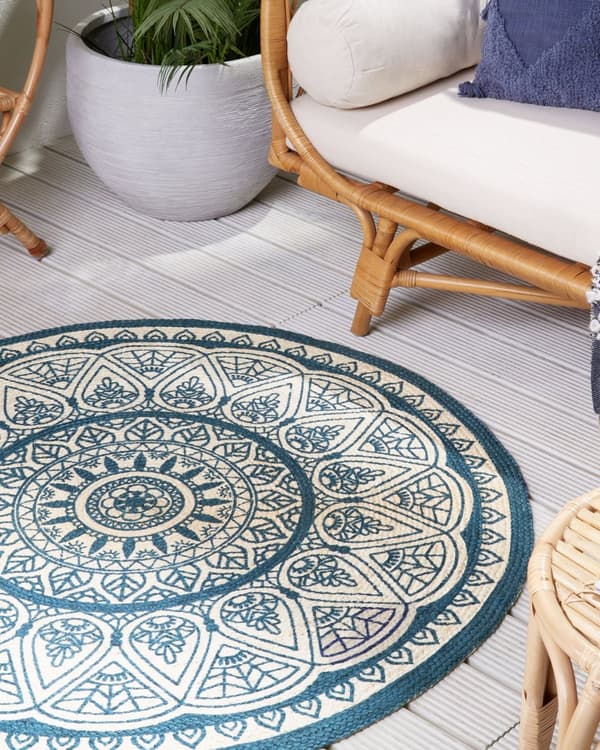 Matto beige sininen juutti ⌀ 120 cm pyöreä itämainen kuvio käsintehty boho tyyli