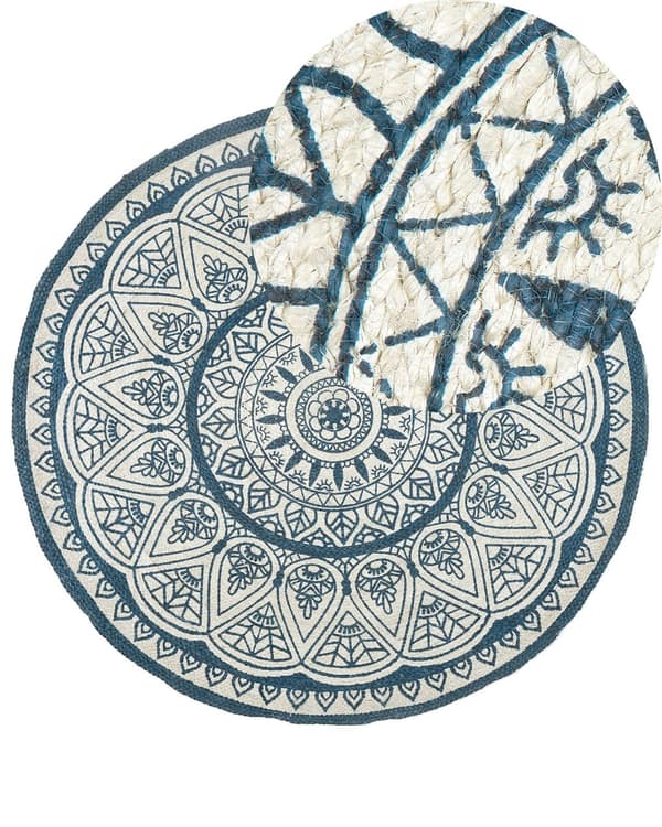 Matto beige sininen juutti ⌀ 120 cm pyöreä itämainen kuvio käsintehty boho tyyli