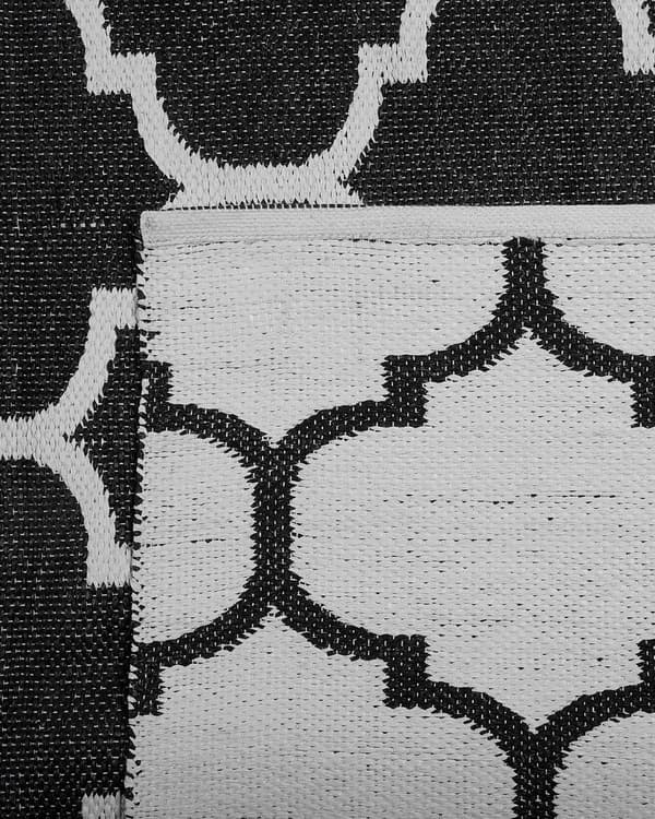 Gulvtæppe Sort og Hvid Polyester 160 x 230 cm Rektangulær Håndvævet Marokkansk Espalier Firkløver Indendørs Udendørs Oriental Indretning
