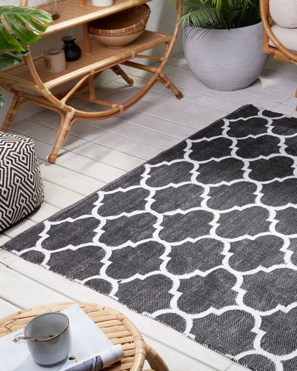 Gulvtæppe Sort og Hvid Polyester 160 x 230 cm Rektangulær Håndvævet Marokkansk Espalier Firkløver Indendørs Udendørs Oriental Indretning