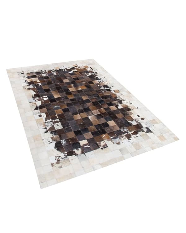 Matto ruskea beige lehmännahka 160 x 230 cm käsintehty tilkkukuvio suorakulmio moderni tyyli