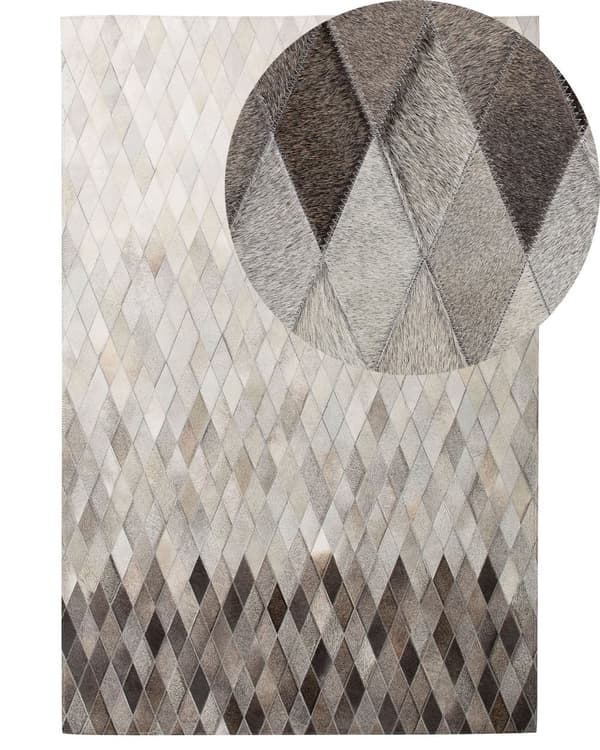 Matto valkoinen harmaa lehmännahka 160 x 230 cm käsintehty tilkkukuvio suorakulmio moderni tyyli