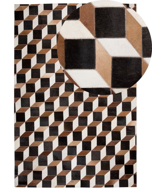 Matta Brun Läder 140 x 200 cm Modern Lappmönster Koskinn 3D Mönster Handgjord Rektangulär Matta