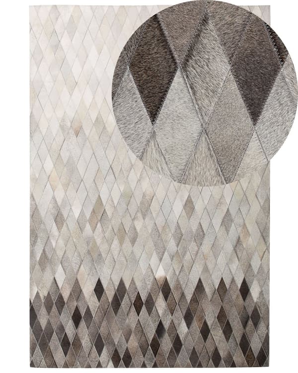 Matto valkoinen harmaa lehmännahka 140 x 200 cm käsintehty tilkkukuvio suorakulmio moderni tyyli