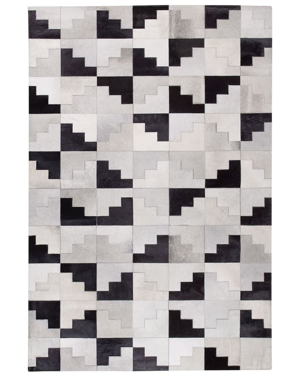 Matto musta harmaa lehmännahka 140 x 200 cm käsintehty tilkkukuvio suorakulmio moderni tyyli