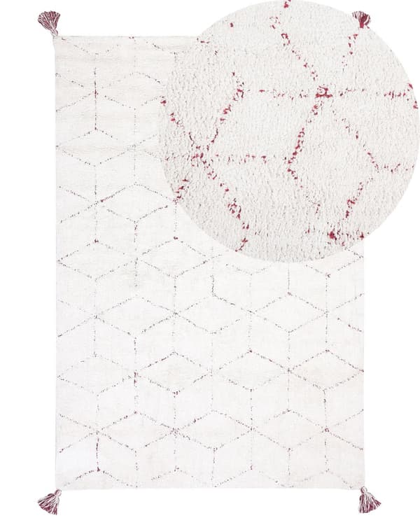 Matta Vit Bomull Trasig 140 x 200 cm Röd Geometriskt Mönster