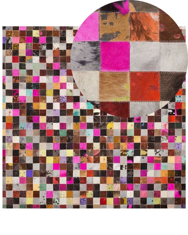 Matta Flerfärgad 200 x 200 cm Äkta Skinn Kohud Patchwork Handgjord