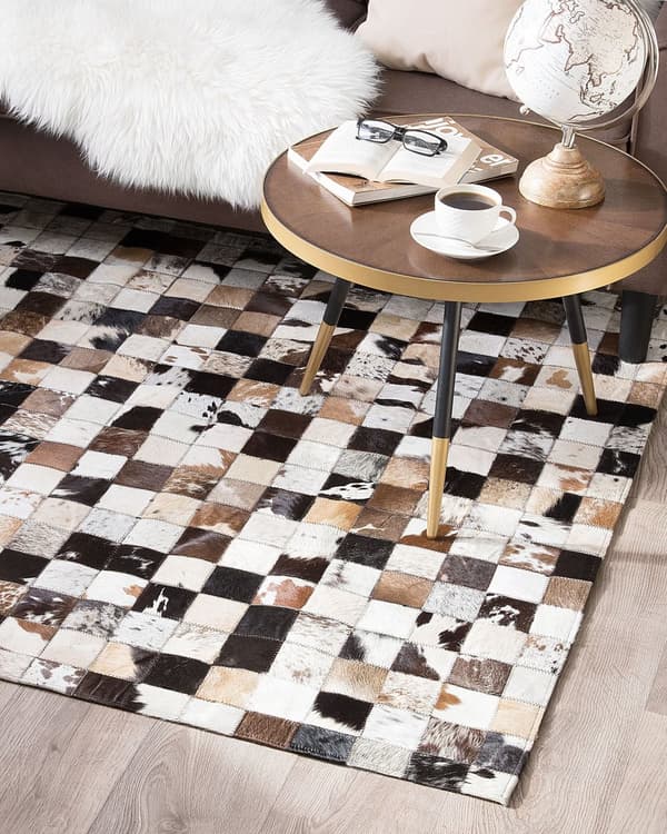 Tæppe Brun Beige Læder 140 x 200 cm Moderne Patchwork Håndlavet